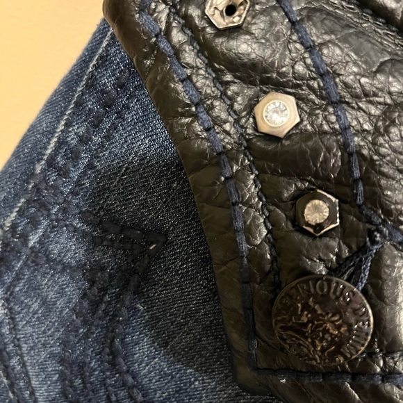 DELF TRADING INC. Imperious Faux Leather Studded Denim Jeans 34X34 Rocker Grunge - Picture 6 of 12